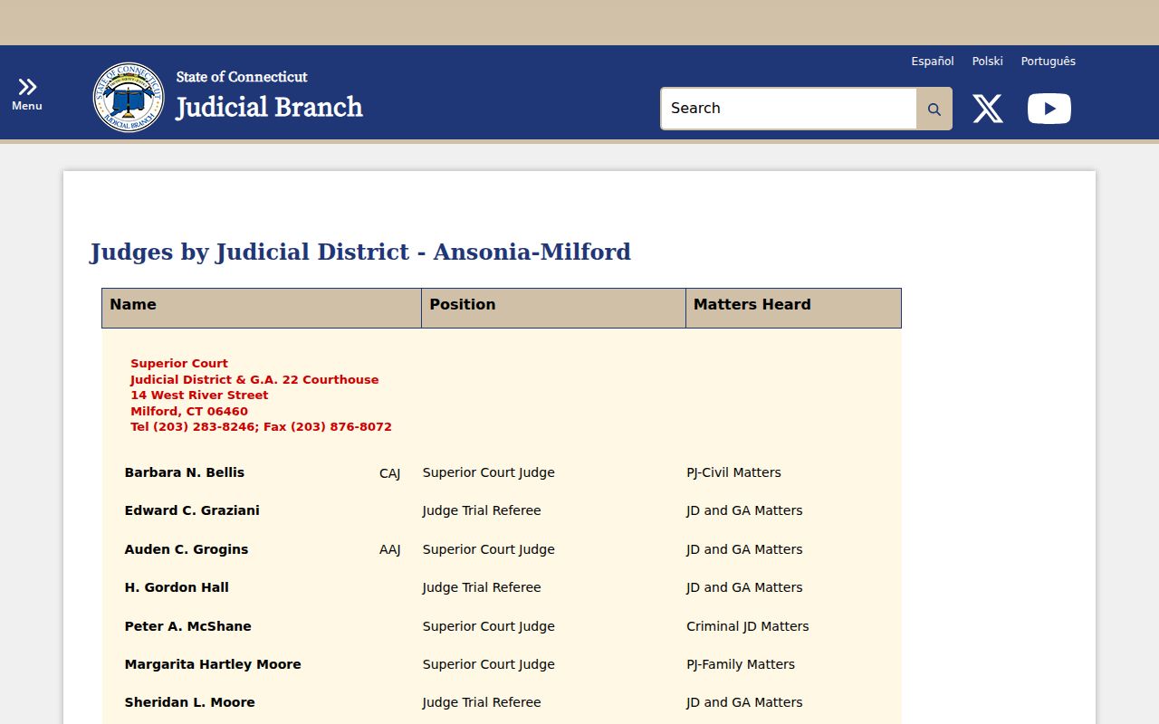 Milford criminal court case directory for Ansonia-Milford judges