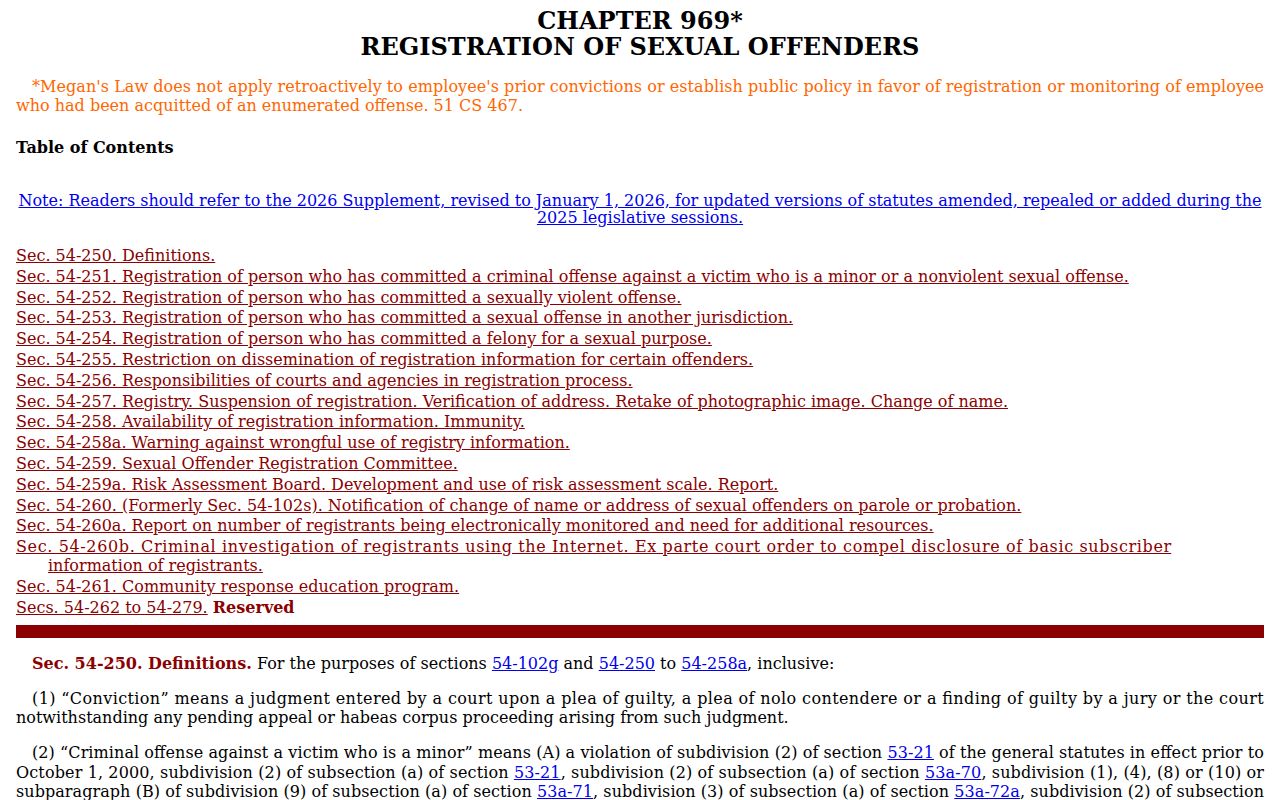 Connecticut Chapter 969 sex offender registration statutes used for Milford records